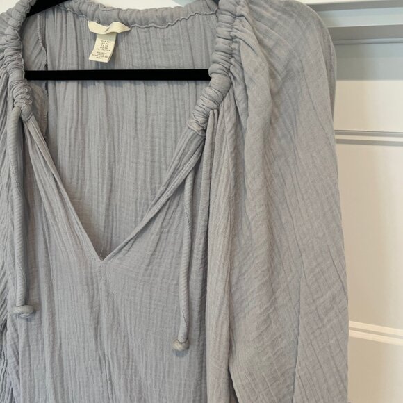 H&M Women Size XL Blue Gauze Oversized Solid V Neck Balloon Sleeve 100% Cotton B - Picture 5 of 9